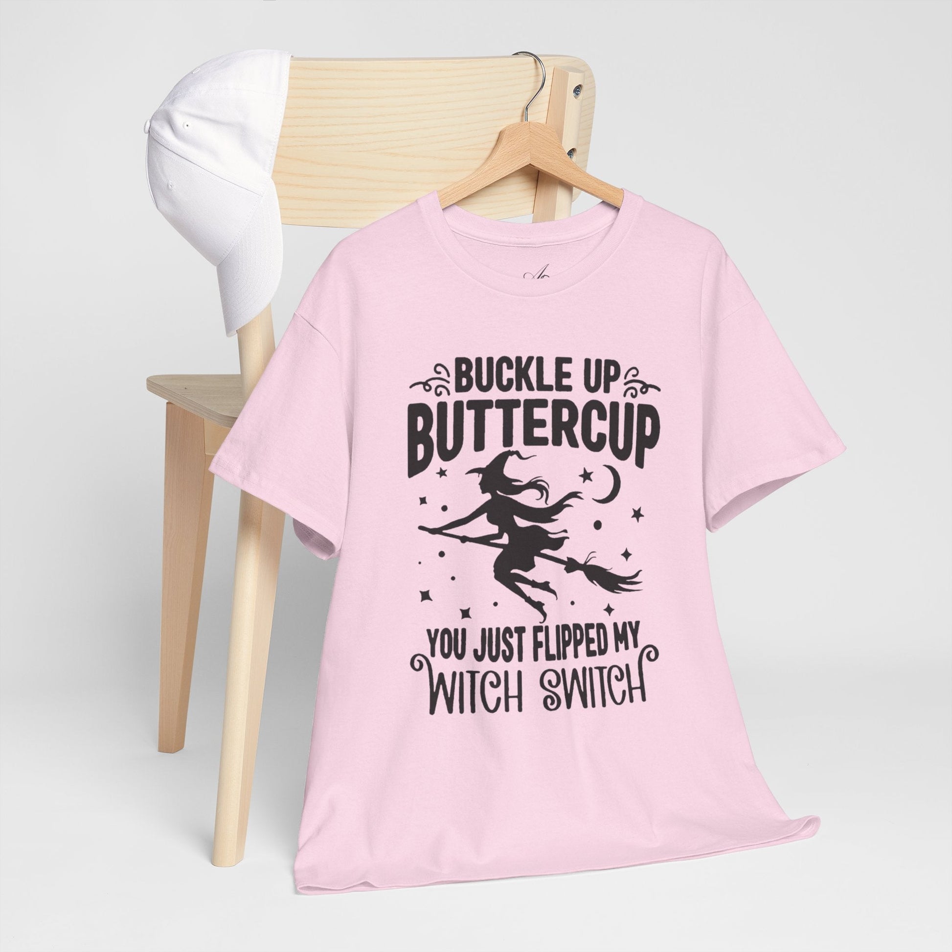 Witchy Humor Tee - Buckle Up Buttercup, Unisex Heavy Cotton Tee, Halloween Shirt, Casual Wear, Gift for Her, Funny T-Shirt - Metamorphosis Creations