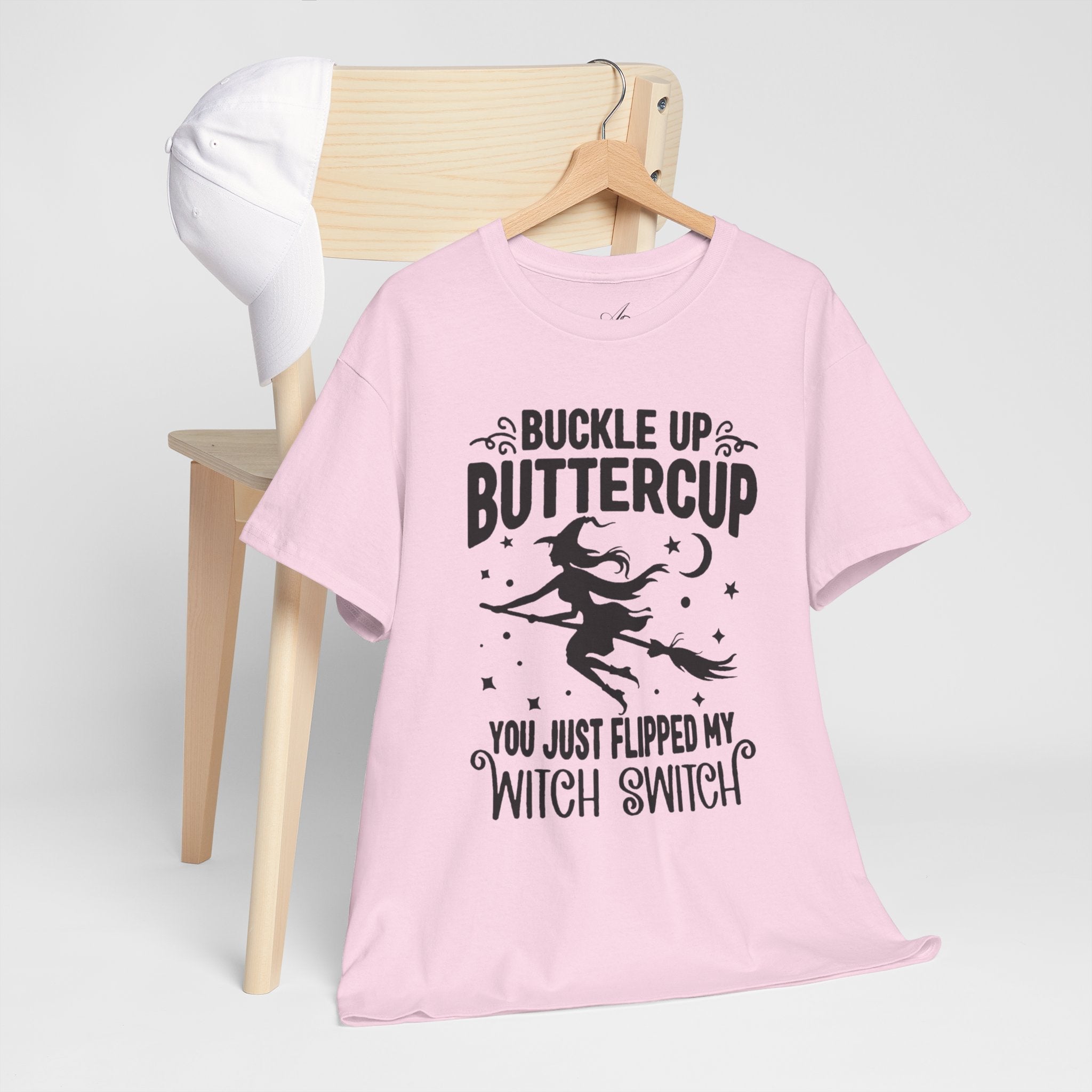 Witchy Humor Tee - Buckle Up Buttercup, Unisex Heavy Cotton Tee, Halloween Shirt, Casual Wear, Gift for Her, Funny T-Shirt - Metamorphosis Creations