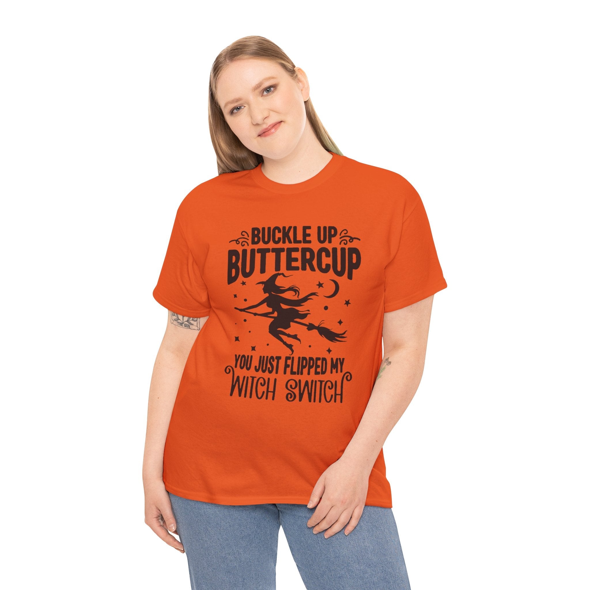 Witchy Humor Tee - Buckle Up Buttercup, Unisex Heavy Cotton Tee, Halloween Shirt, Casual Wear, Gift for Her, Funny T-Shirt - Metamorphosis Creations