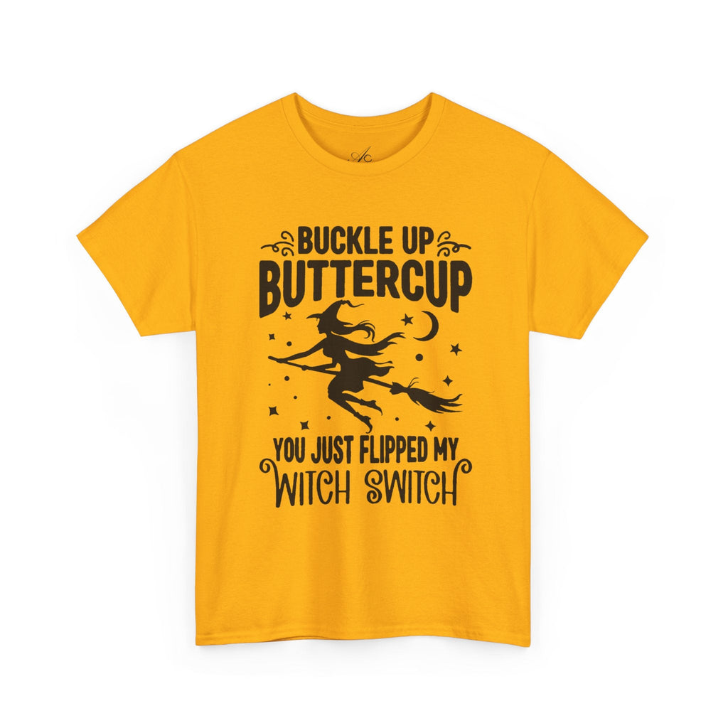 Witchy Humor Tee - Buckle Up Buttercup, Unisex Heavy Cotton Tee, Halloween Shirt, Casual Wear, Gift for Her, Funny T-Shirt - Metamorphosis Creations