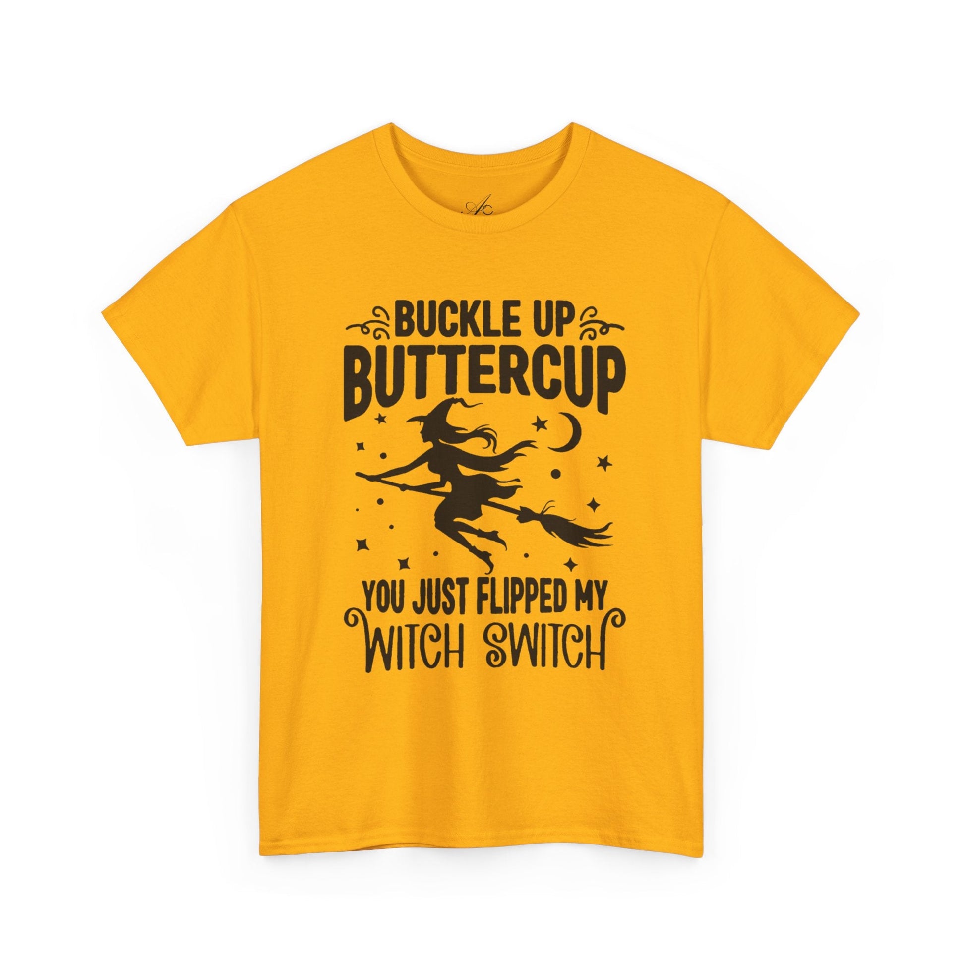 Witchy Humor Tee - Buckle Up Buttercup, Unisex Heavy Cotton Tee, Halloween Shirt, Casual Wear, Gift for Her, Funny T-Shirt - Metamorphosis Creations