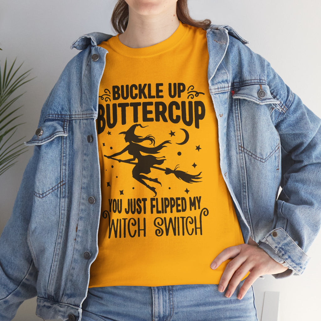 Witchy Humor Tee - Buckle Up Buttercup, Unisex Heavy Cotton Tee, Halloween Shirt, Casual Wear, Gift for Her, Funny T-Shirt - Metamorphosis Creations