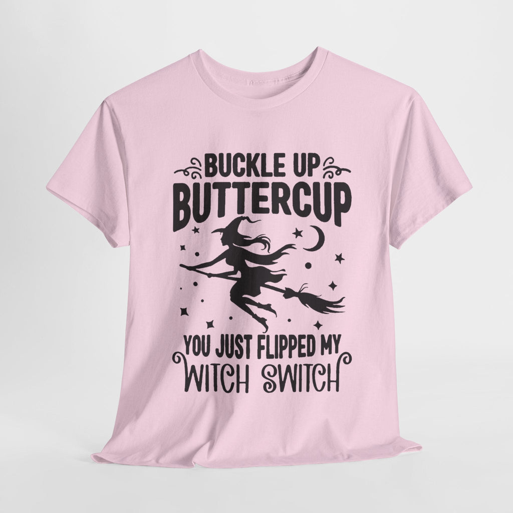 Witchy Humor Tee - Buckle Up Buttercup, Unisex Heavy Cotton Tee, Halloween Shirt, Casual Wear, Gift for Her, Funny T-Shirt - Metamorphosis Creations