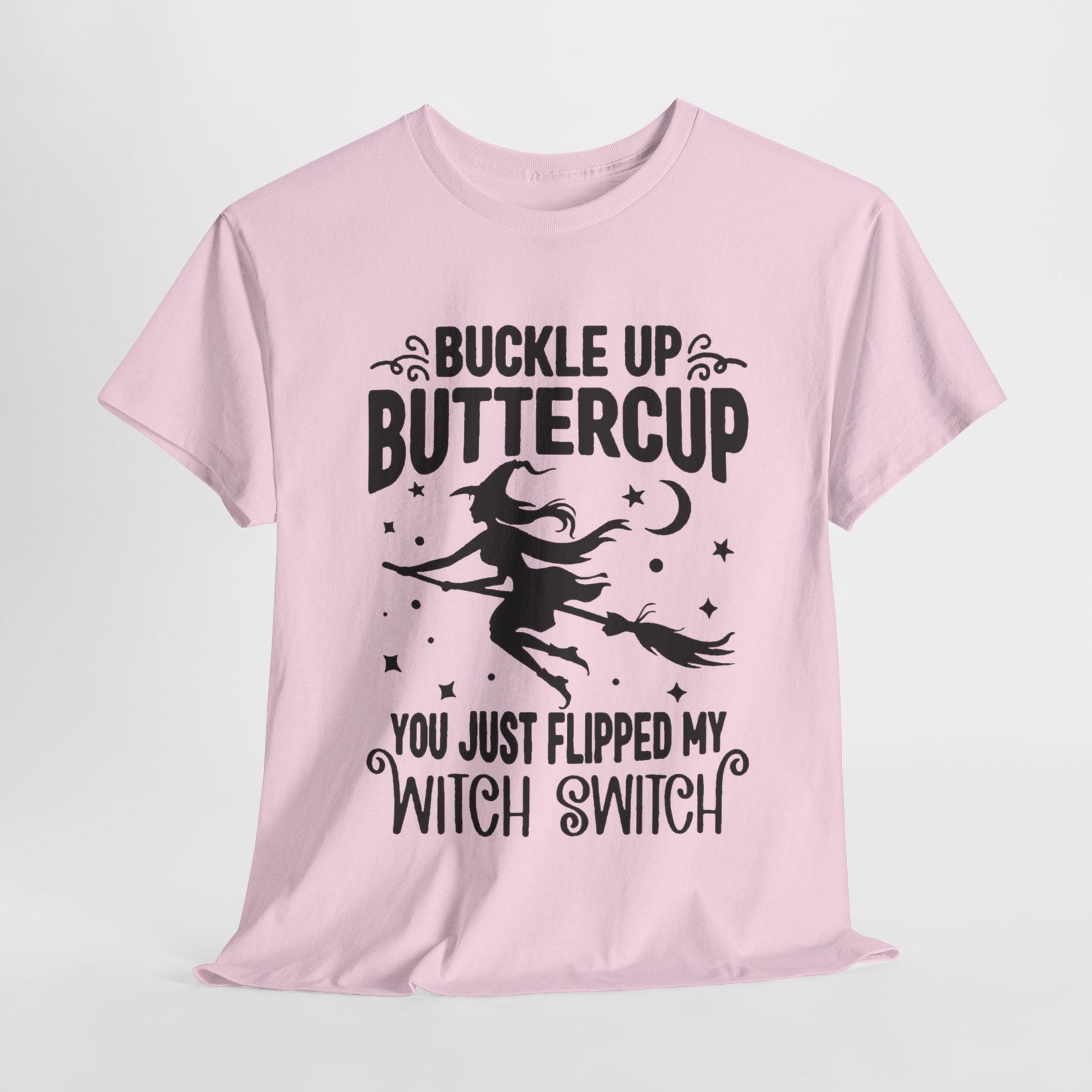 Witchy Humor Tee - Buckle Up Buttercup, Unisex Heavy Cotton Tee, Halloween Shirt, Casual Wear, Gift for Her, Funny T-Shirt - Metamorphosis Creations