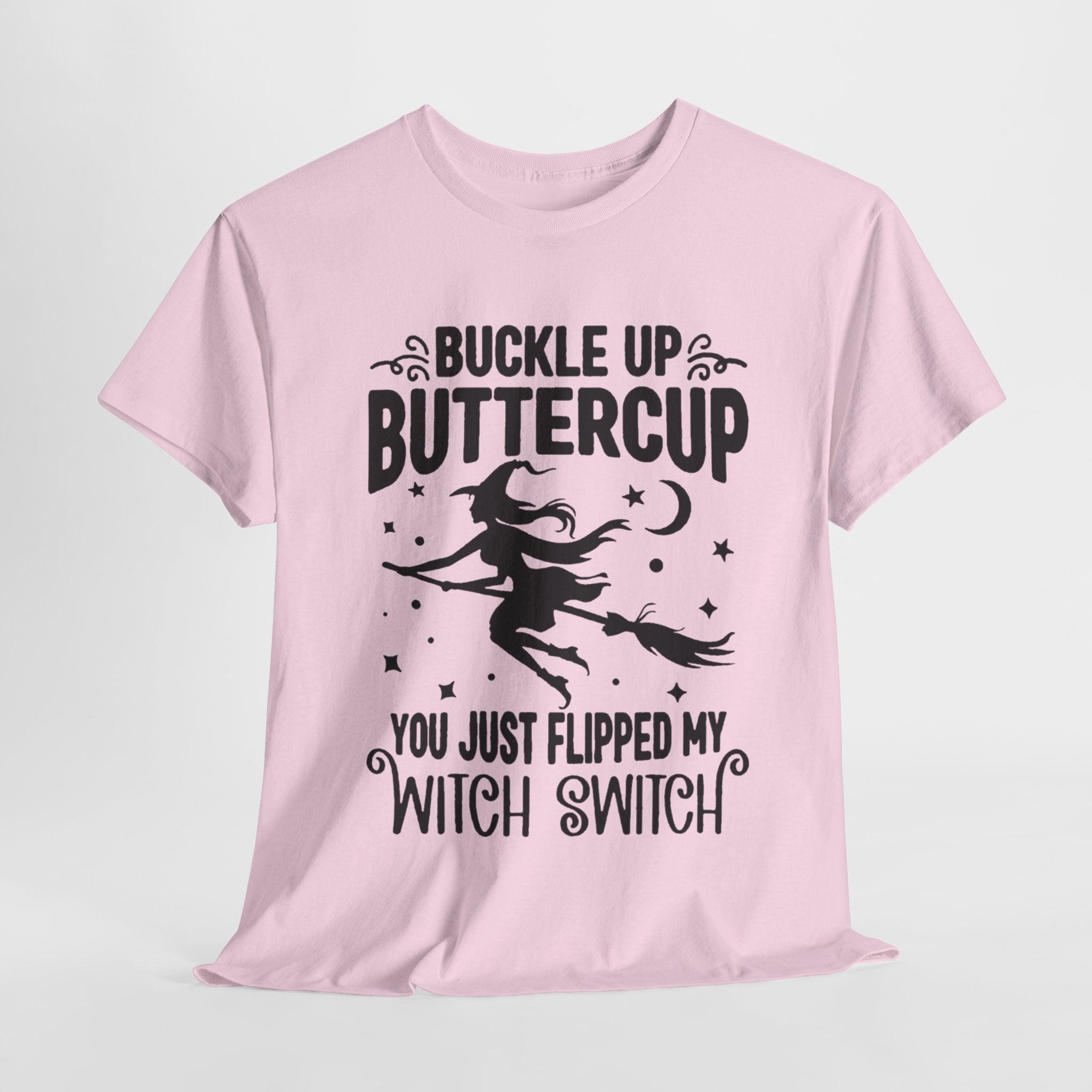Witchy Humor Tee - Buckle Up Buttercup, Unisex Heavy Cotton Tee, Halloween Shirt, Casual Wear, Gift for Her, Funny T-Shirt - Metamorphosis Creations