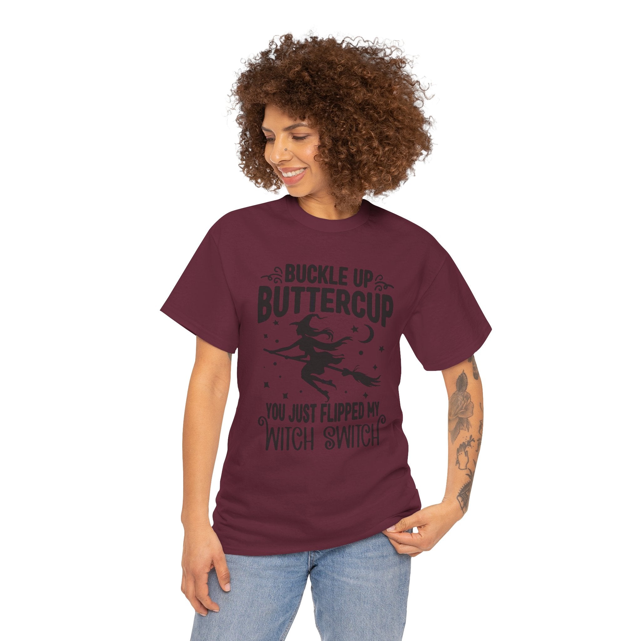 Witchy Humor Tee - Buckle Up Buttercup, Unisex Heavy Cotton Tee, Halloween Shirt, Casual Wear, Gift for Her, Funny T-Shirt - Metamorphosis Creations