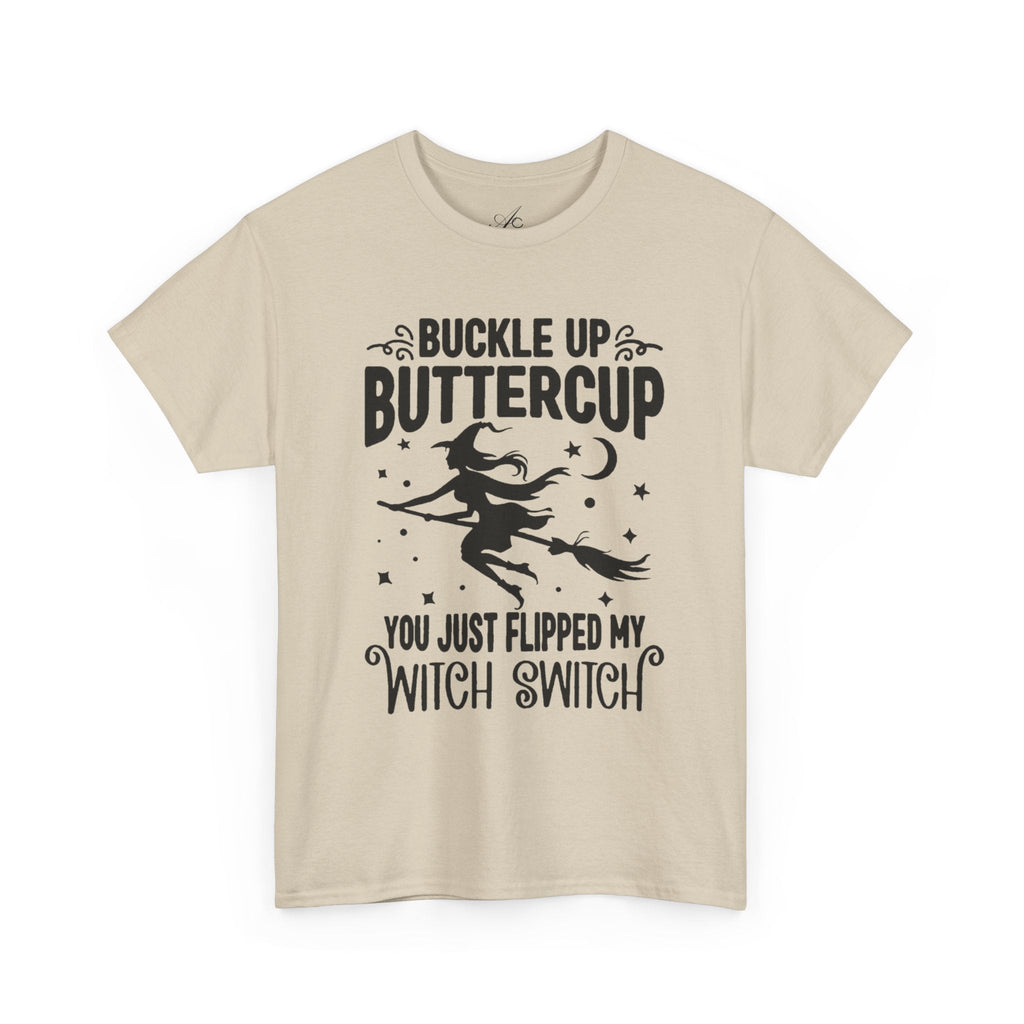 Witchy Humor Tee - Buckle Up Buttercup, Unisex Heavy Cotton Tee, Halloween Shirt, Casual Wear, Gift for Her, Funny T-Shirt - Metamorphosis Creations