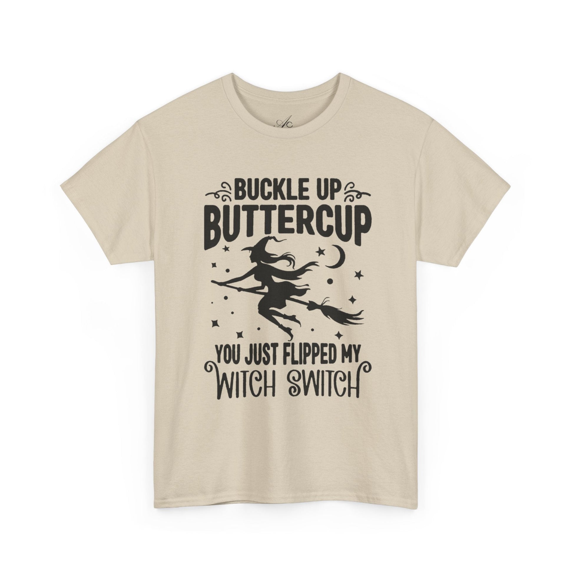 Witchy Humor Tee - Buckle Up Buttercup, Unisex Heavy Cotton Tee, Halloween Shirt, Casual Wear, Gift for Her, Funny T-Shirt - Metamorphosis Creations