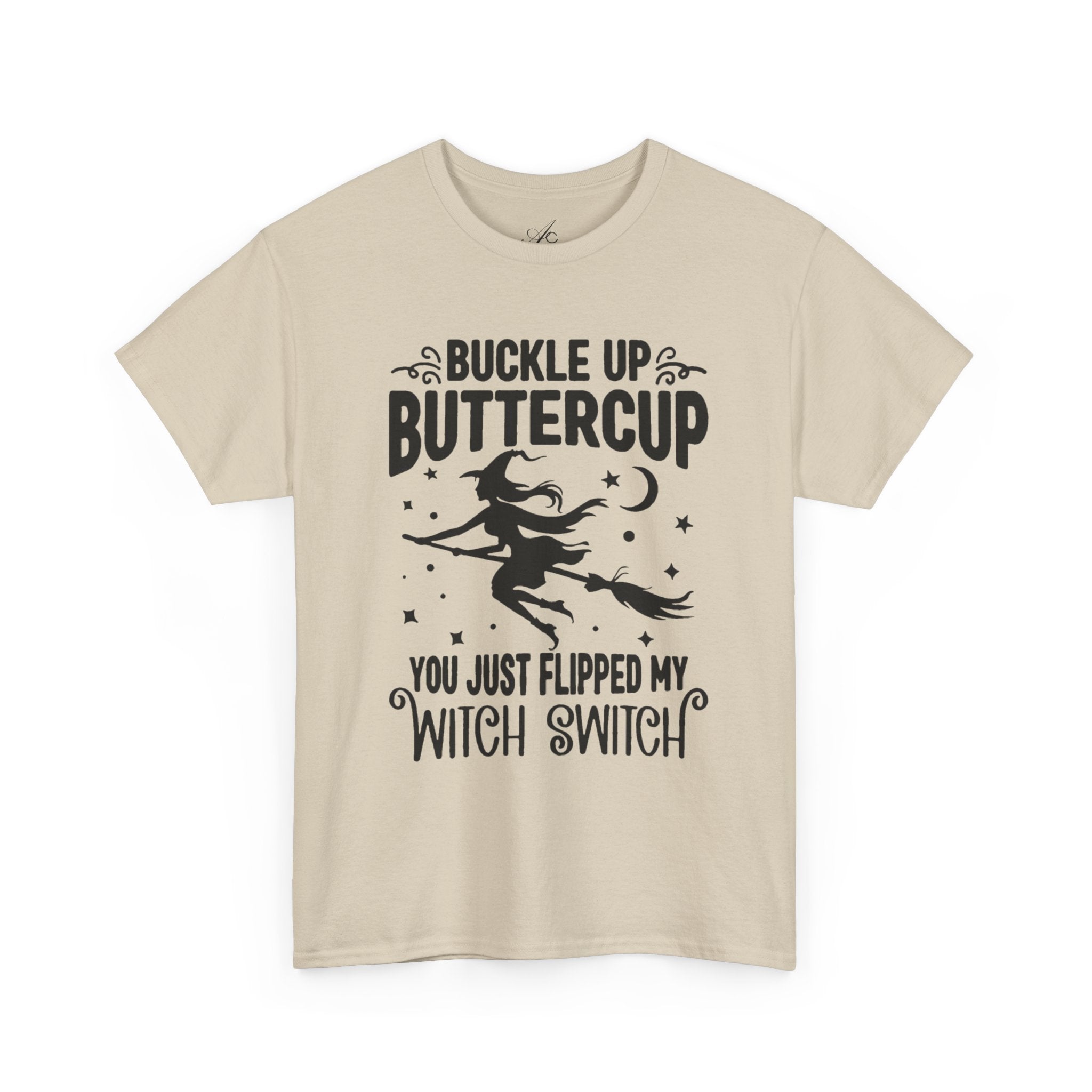 Witchy Humor Tee - Buckle Up Buttercup, Unisex Heavy Cotton Tee, Halloween Shirt, Casual Wear, Gift for Her, Funny T-Shirt - Metamorphosis Creations