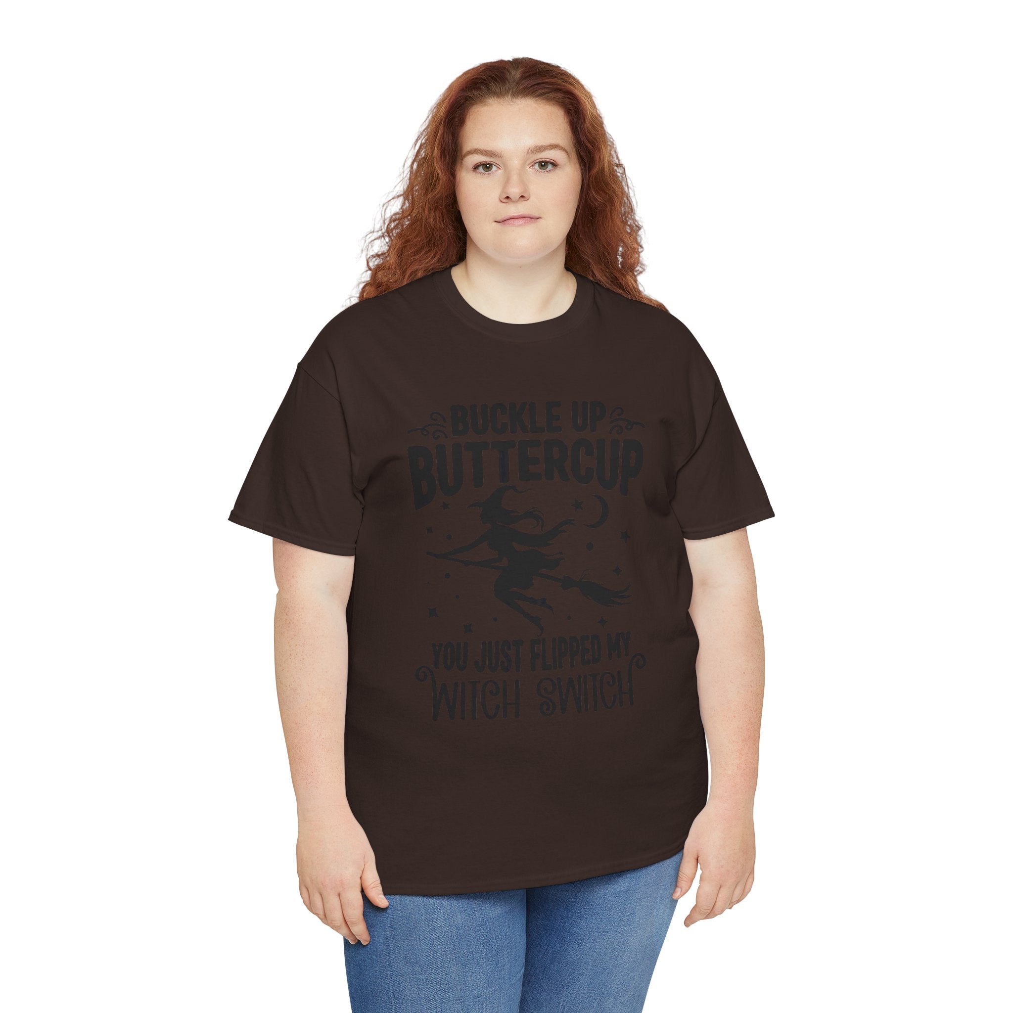 Witchy Humor Tee - Buckle Up Buttercup, Unisex Heavy Cotton Tee, Halloween Shirt, Casual Wear, Gift for Her, Funny T-Shirt - Metamorphosis Creations