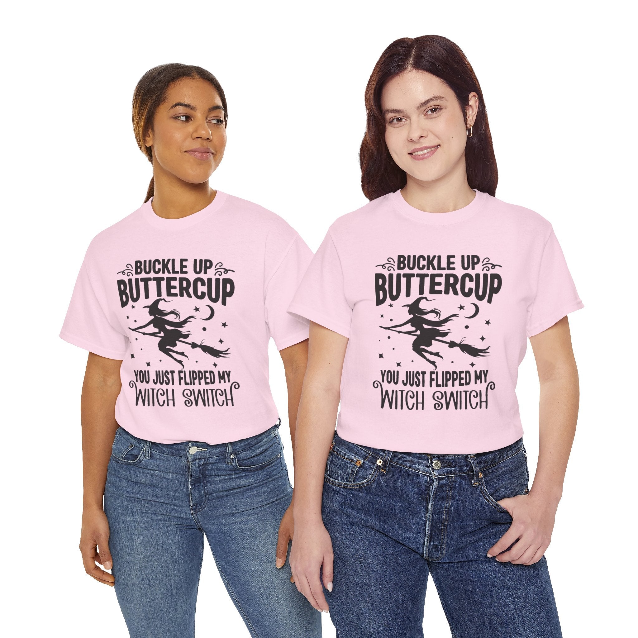 Witchy Humor Tee - Buckle Up Buttercup, Unisex Heavy Cotton Tee, Halloween Shirt, Casual Wear, Gift for Her, Funny T-Shirt - Metamorphosis Creations