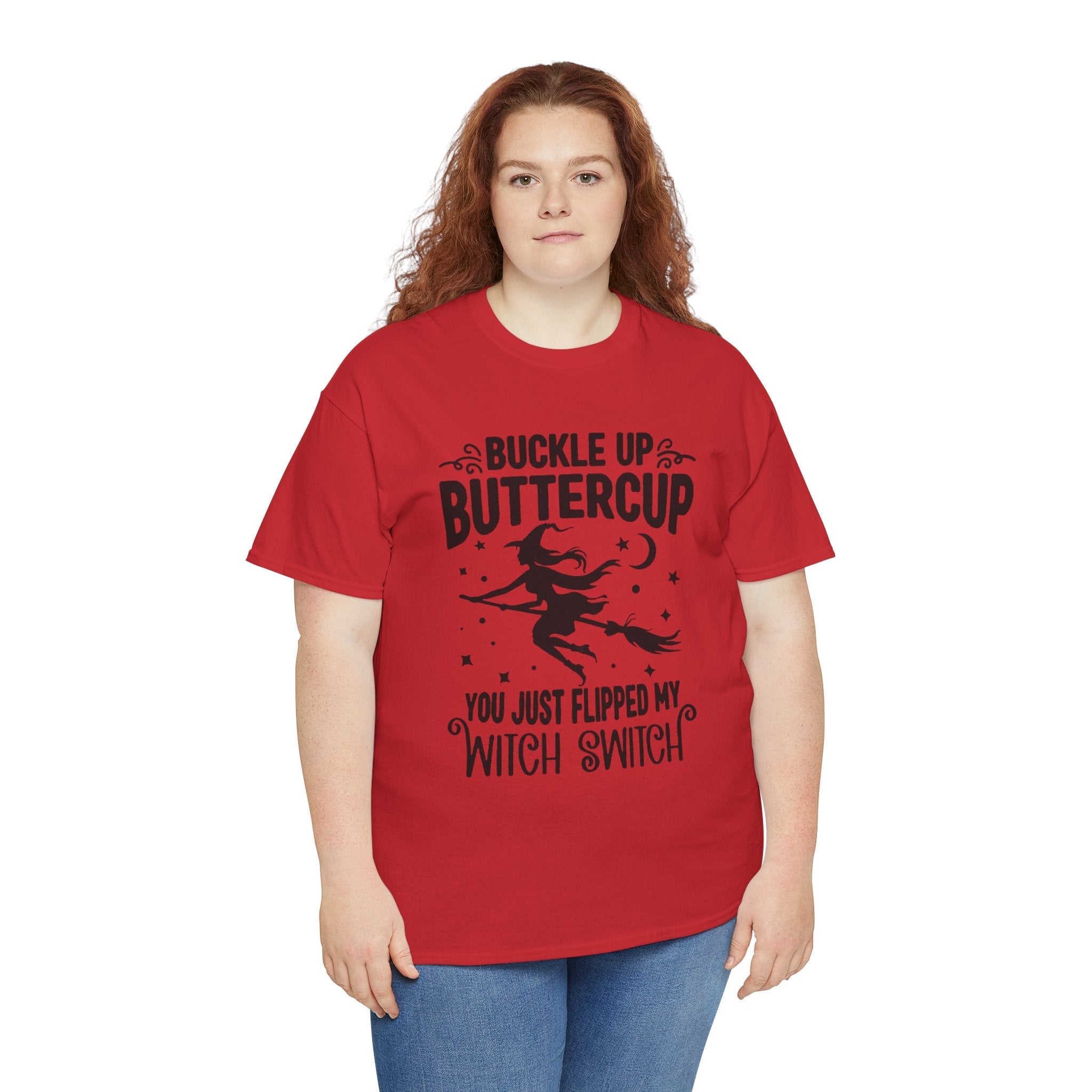 Witchy Humor Tee - Buckle Up Buttercup, Unisex Heavy Cotton Tee, Halloween Shirt, Casual Wear, Gift for Her, Funny T-Shirt - Metamorphosis Creations