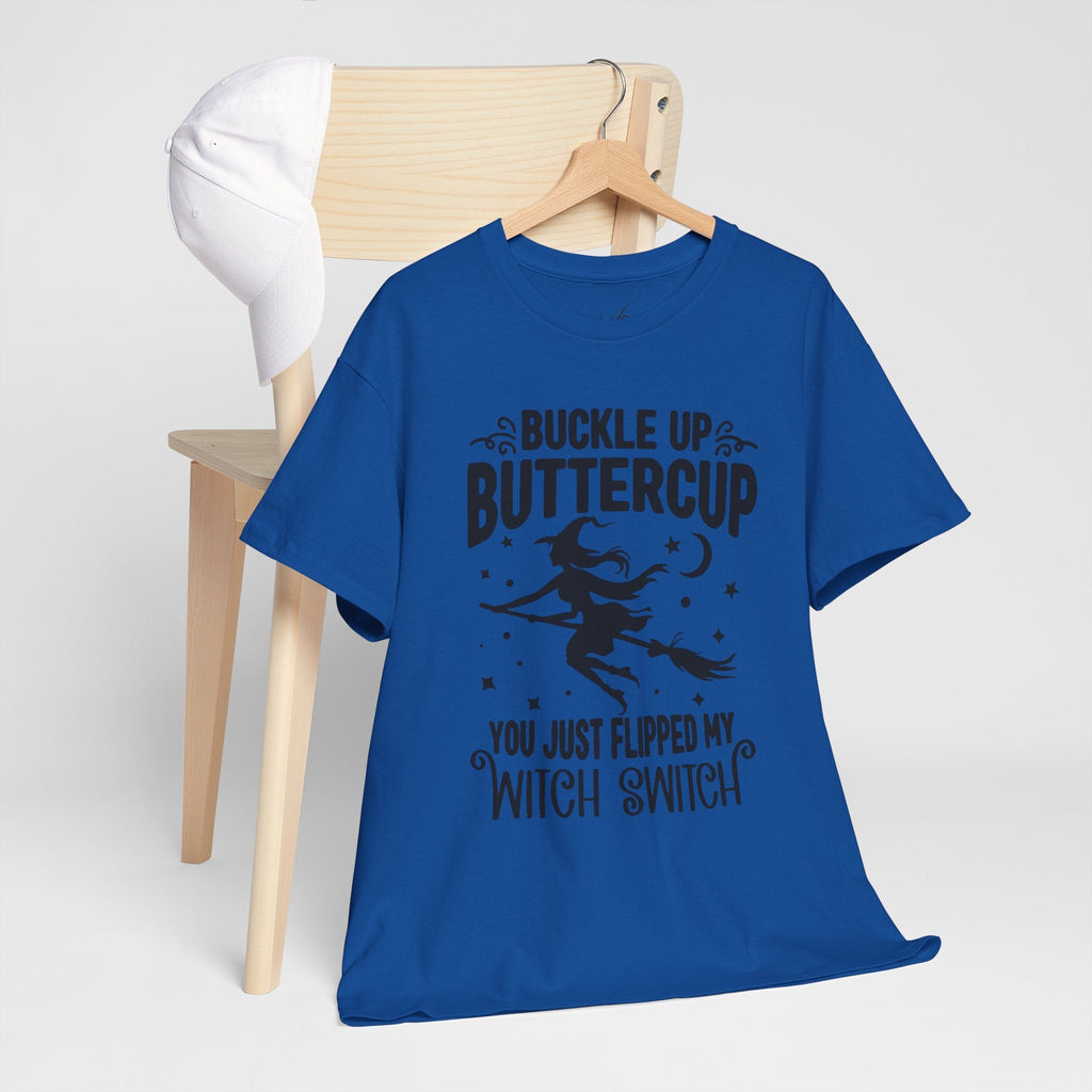 Witchy Humor Tee - Buckle Up Buttercup, Unisex Heavy Cotton Tee, Halloween Shirt, Casual Wear, Gift for Her, Funny T-Shirt - Metamorphosis Creations