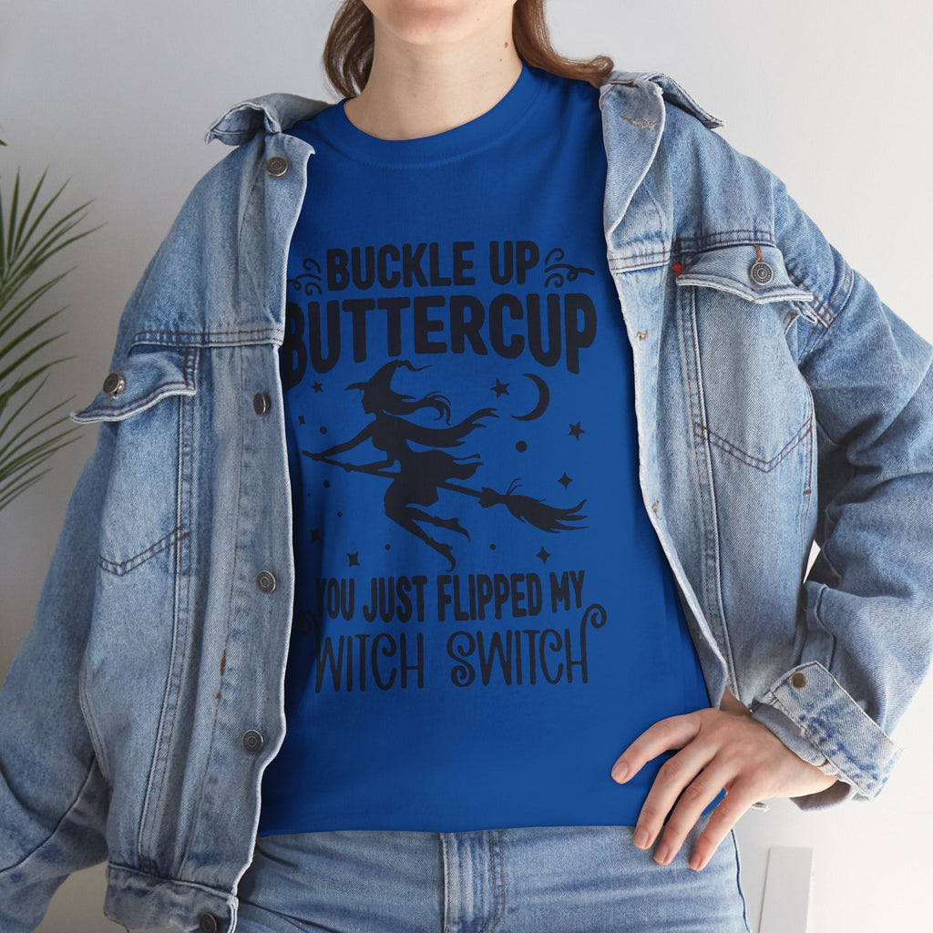 Witchy Humor Tee - Buckle Up Buttercup, Unisex Heavy Cotton Tee, Halloween Shirt, Casual Wear, Gift for Her, Funny T-Shirt - Metamorphosis Creations