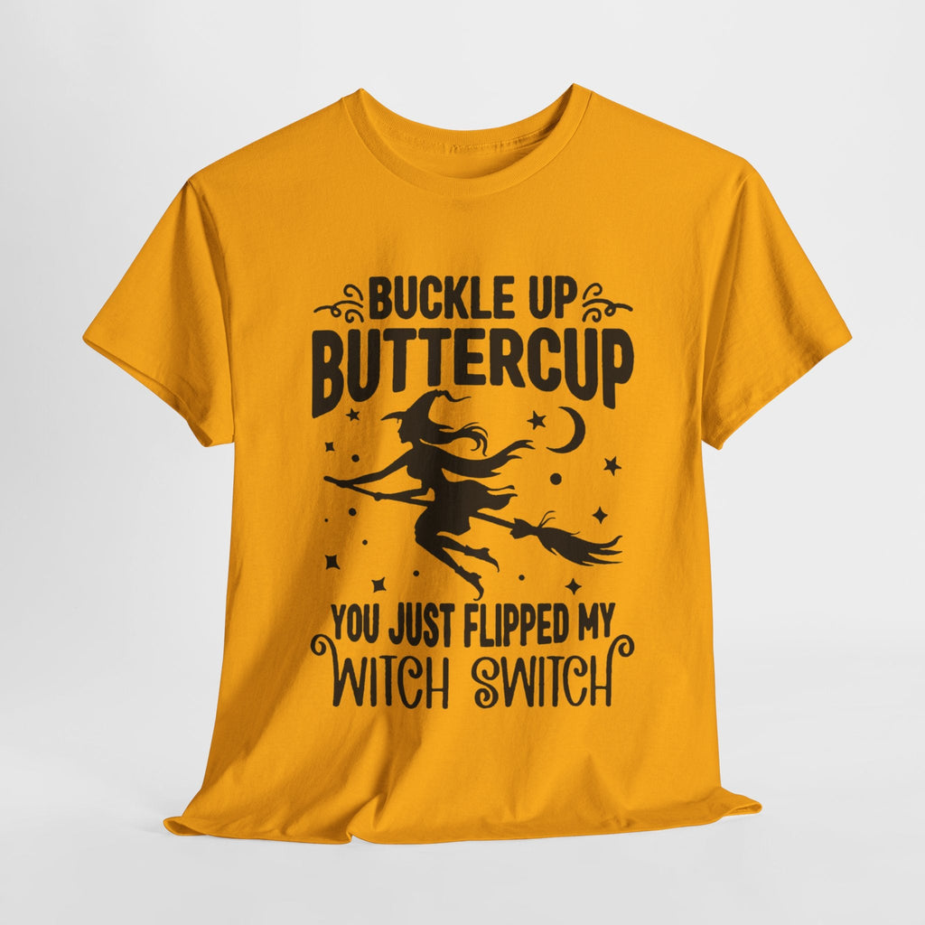 Witchy Humor Tee - Buckle Up Buttercup, Unisex Heavy Cotton Tee, Halloween Shirt, Casual Wear, Gift for Her, Funny T-Shirt - Metamorphosis Creations