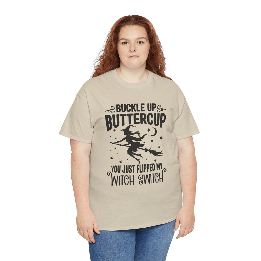 Witchy Humor Tee - Buckle Up Buttercup, Unisex Heavy Cotton Tee, Halloween Shirt, Casual Wear, Gift for Her, Funny T-Shirt - Metamorphosis Creations