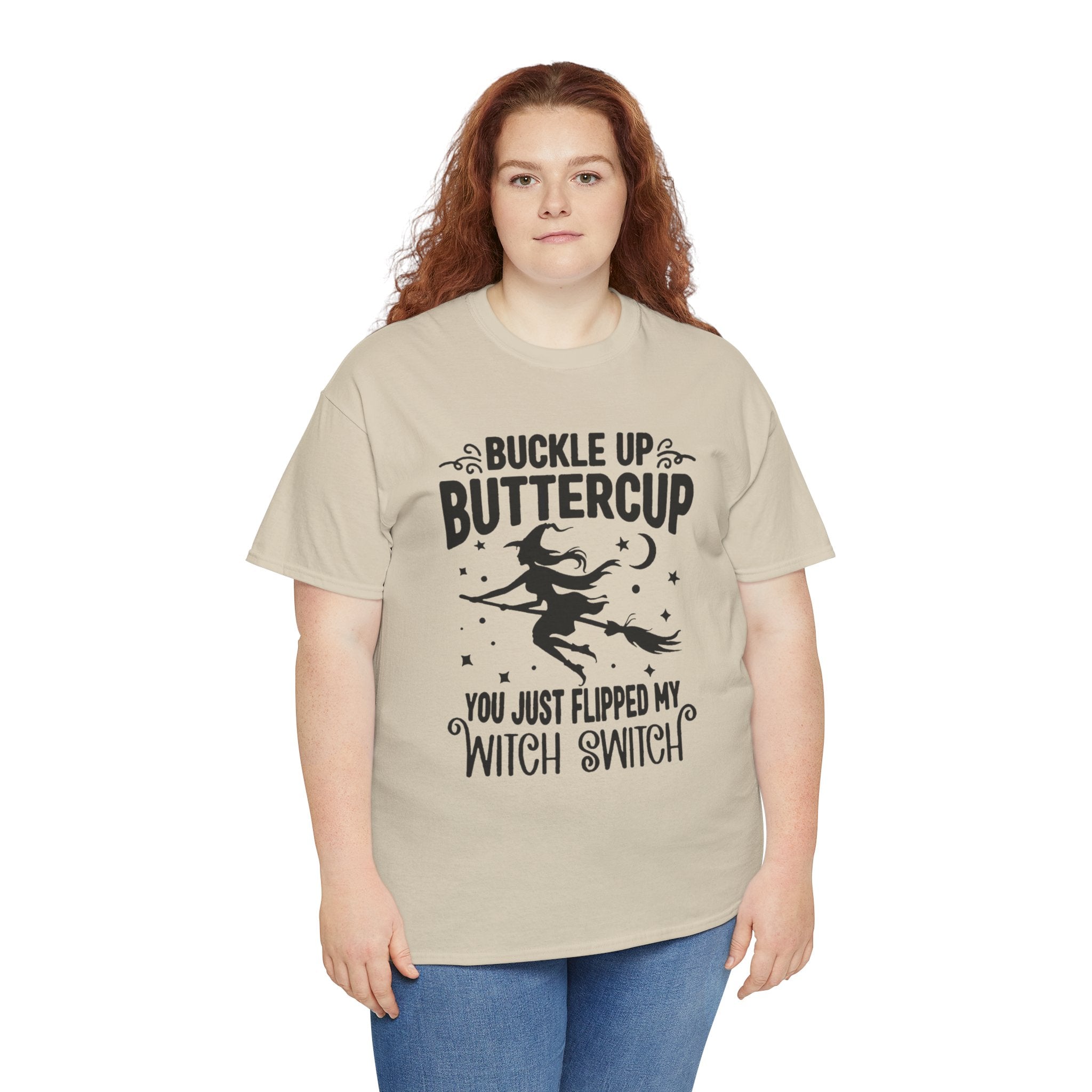 Witchy Humor Tee - Buckle Up Buttercup, Unisex Heavy Cotton Tee, Halloween Shirt, Casual Wear, Gift for Her, Funny T-Shirt - Metamorphosis Creations