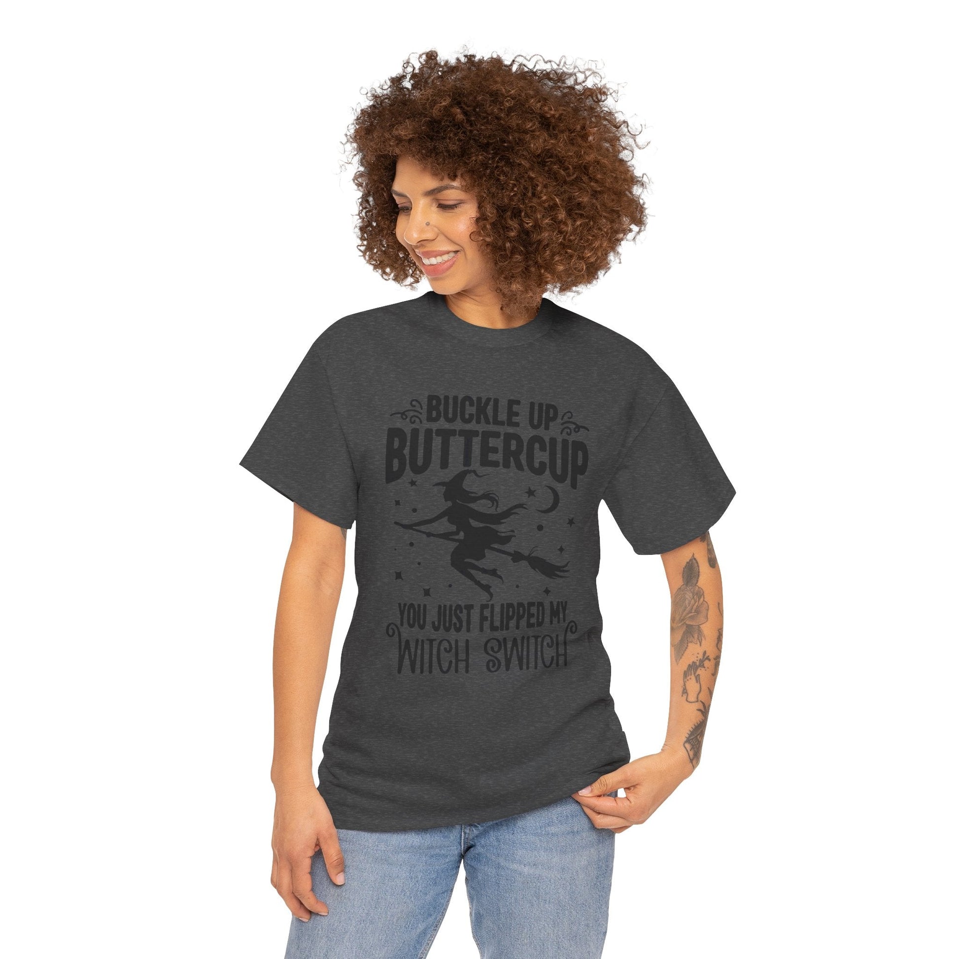 Witchy Humor Tee - Buckle Up Buttercup, Unisex Heavy Cotton Tee, Halloween Shirt, Casual Wear, Gift for Her, Funny T-Shirt - Metamorphosis Creations