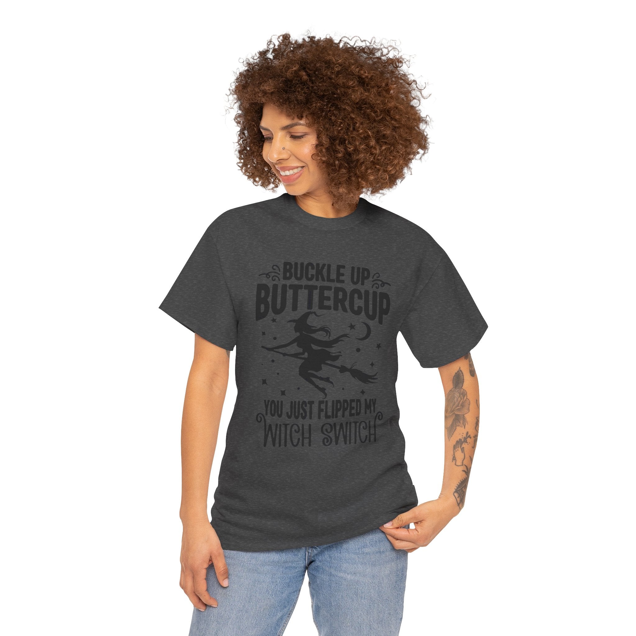Witchy Humor Tee - Buckle Up Buttercup, Unisex Heavy Cotton Tee, Halloween Shirt, Casual Wear, Gift for Her, Funny T-Shirt - Metamorphosis Creations