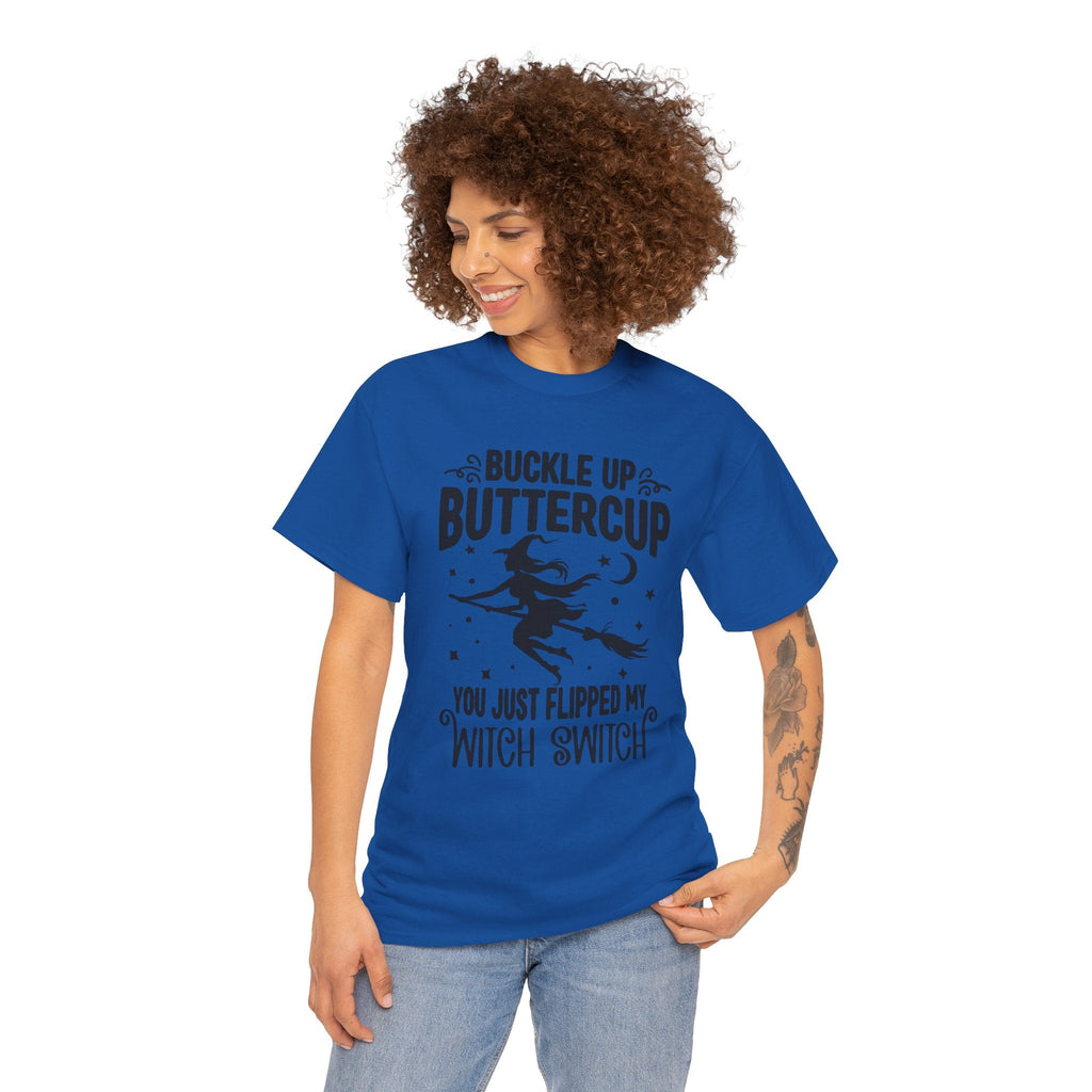 Witchy Humor Tee - Buckle Up Buttercup, Unisex Heavy Cotton Tee, Halloween Shirt, Casual Wear, Gift for Her, Funny T-Shirt - Metamorphosis Creations