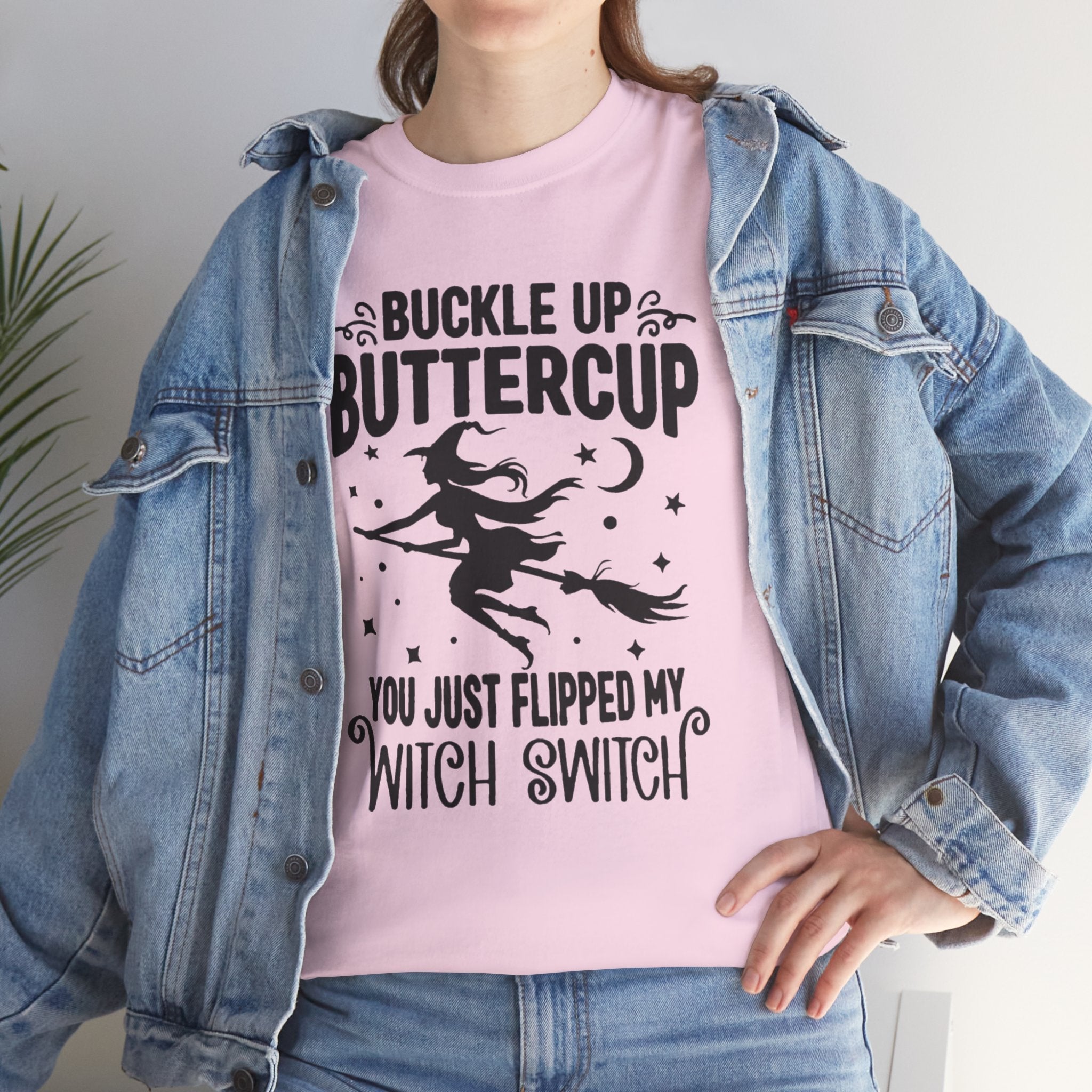 Witchy Humor Tee - Buckle Up Buttercup, Unisex Heavy Cotton Tee, Halloween Shirt, Casual Wear, Gift for Her, Funny T-Shirt - Metamorphosis Creations