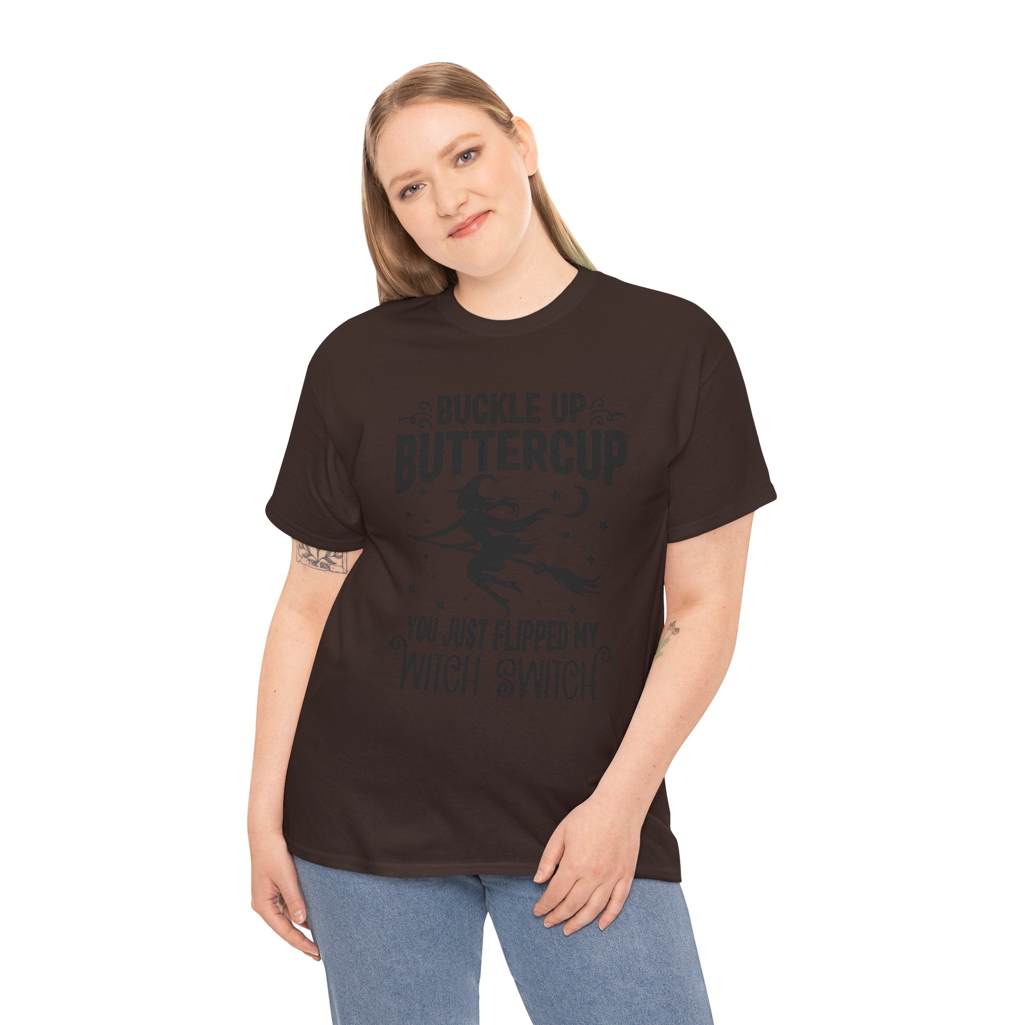Witchy Humor Tee - Buckle Up Buttercup, Unisex Heavy Cotton Tee, Halloween Shirt, Casual Wear, Gift for Her, Funny T-Shirt - Metamorphosis Creations