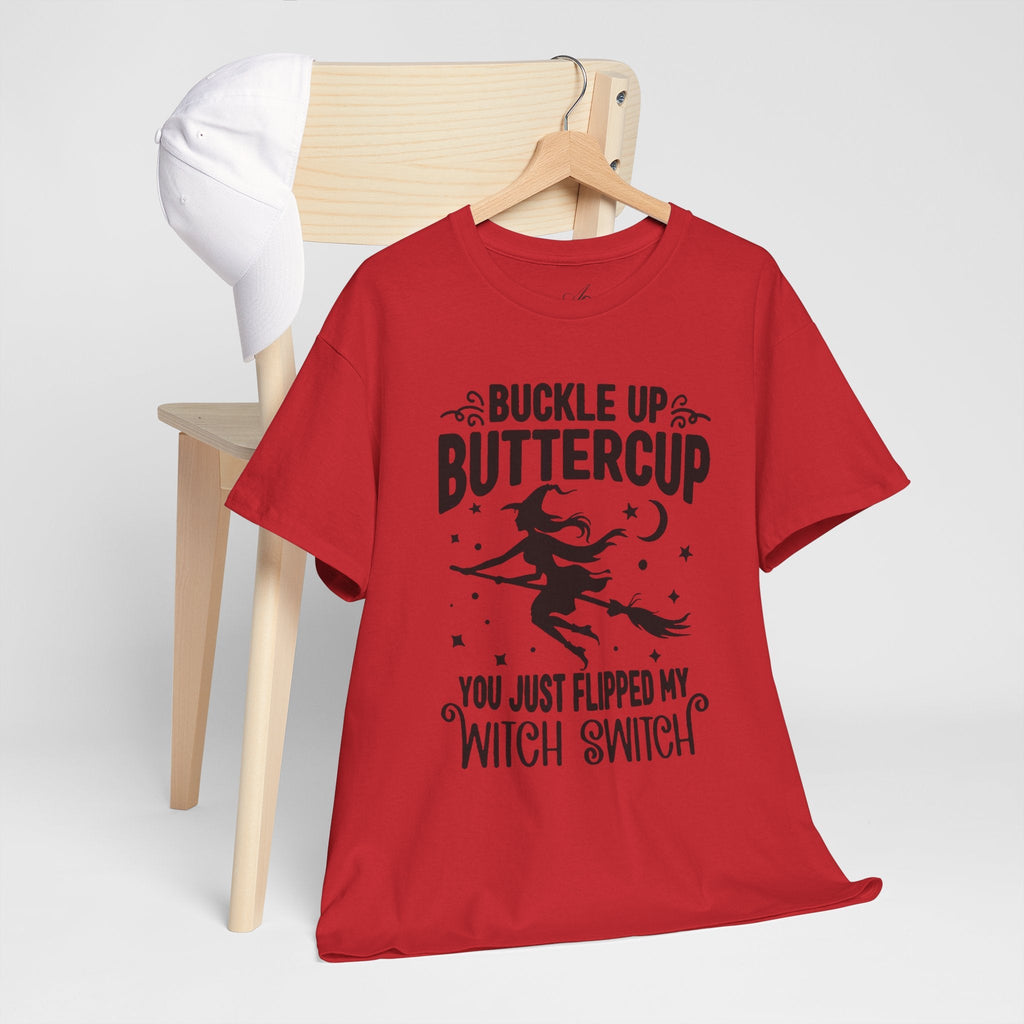 Witchy Humor Tee - Buckle Up Buttercup, Unisex Heavy Cotton Tee, Halloween Shirt, Casual Wear, Gift for Her, Funny T-Shirt - Metamorphosis Creations