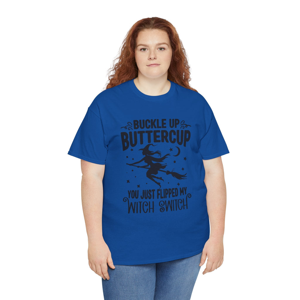 Witchy Humor Tee - Buckle Up Buttercup, Unisex Heavy Cotton Tee, Halloween Shirt, Casual Wear, Gift for Her, Funny T-Shirt - Metamorphosis Creations