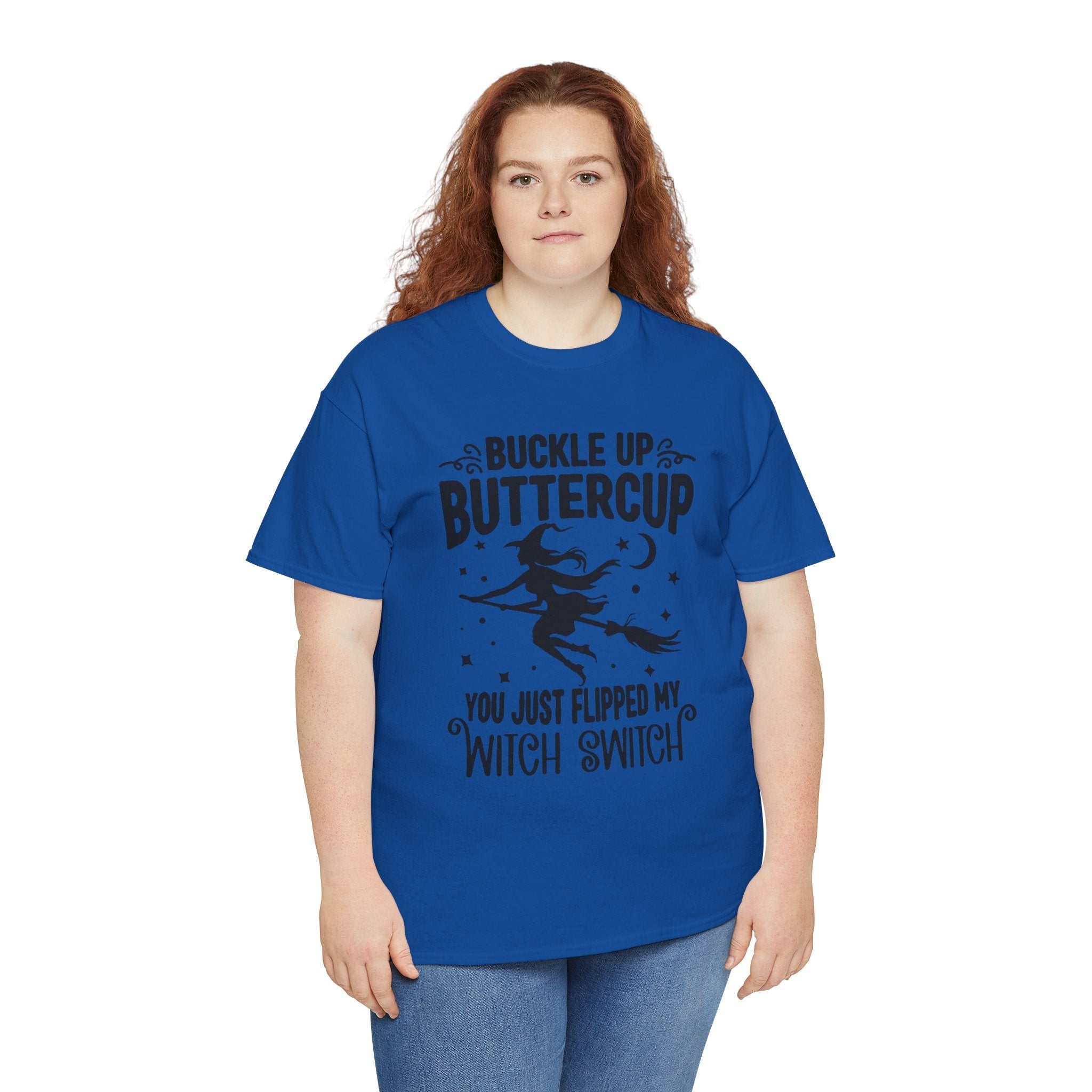 Witchy Humor Tee - Buckle Up Buttercup, Unisex Heavy Cotton Tee, Halloween Shirt, Casual Wear, Gift for Her, Funny T-Shirt - Metamorphosis Creations