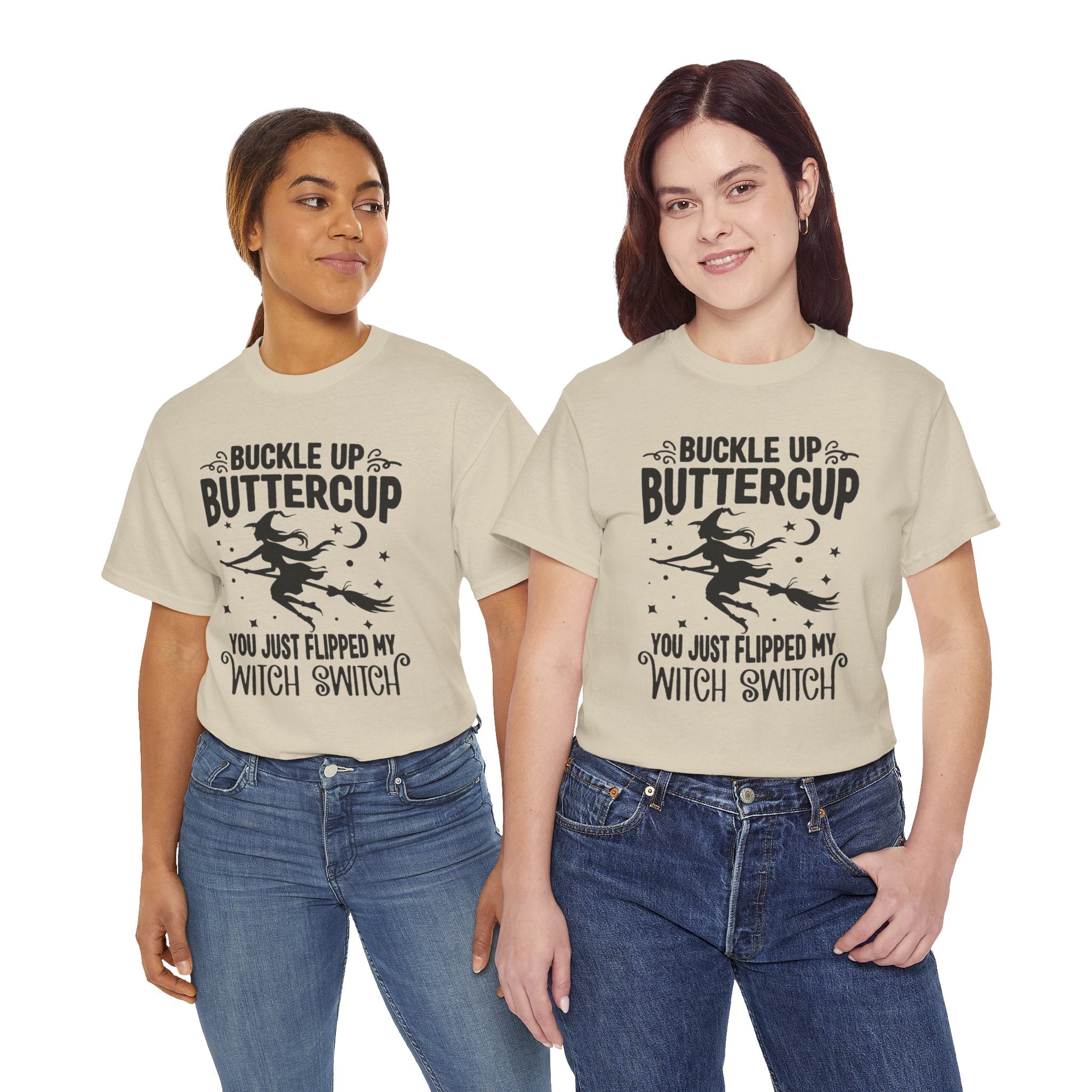 Witchy Humor Tee - Buckle Up Buttercup, Unisex Heavy Cotton Tee, Halloween Shirt, Casual Wear, Gift for Her, Funny T-Shirt - Metamorphosis Creations