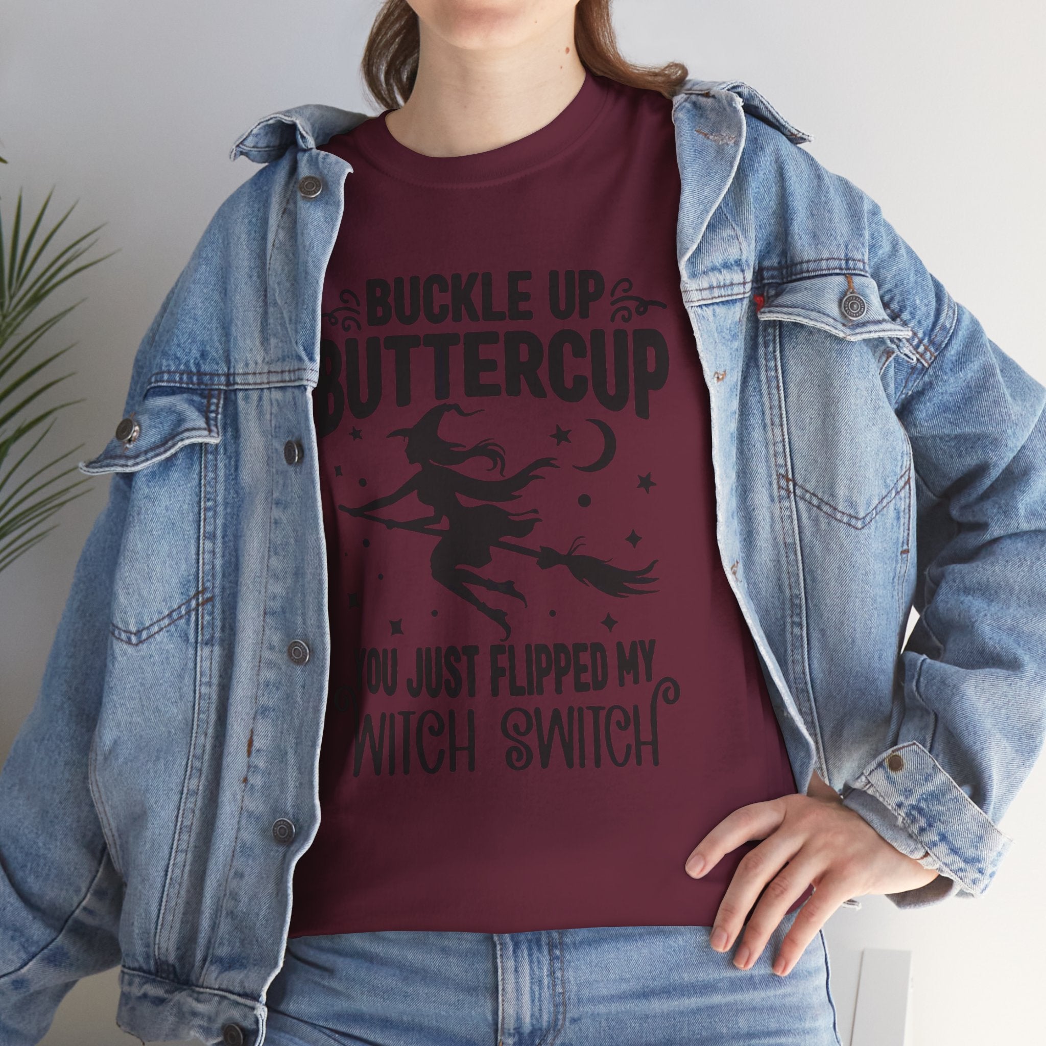 Witchy Humor Tee - Buckle Up Buttercup, Unisex Heavy Cotton Tee, Halloween Shirt, Casual Wear, Gift for Her, Funny T-Shirt - Metamorphosis Creations