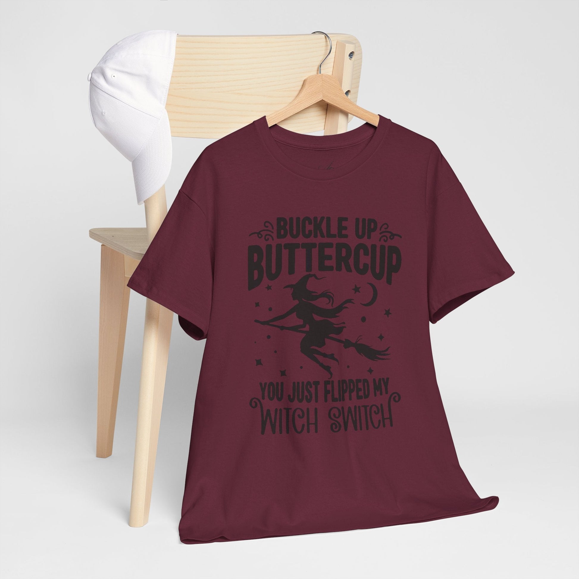 Witchy Humor Tee - Buckle Up Buttercup, Unisex Heavy Cotton Tee, Halloween Shirt, Casual Wear, Gift for Her, Funny T-Shirt - Metamorphosis Creations
