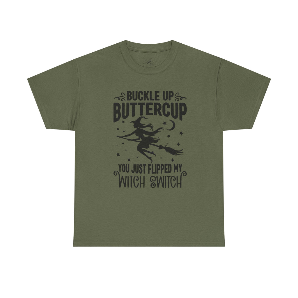 Witchy Humor Tee - Buckle Up Buttercup, Unisex Heavy Cotton Tee, Halloween Shirt, Casual Wear, Gift for Her, Funny T-Shirt - Metamorphosis Creations