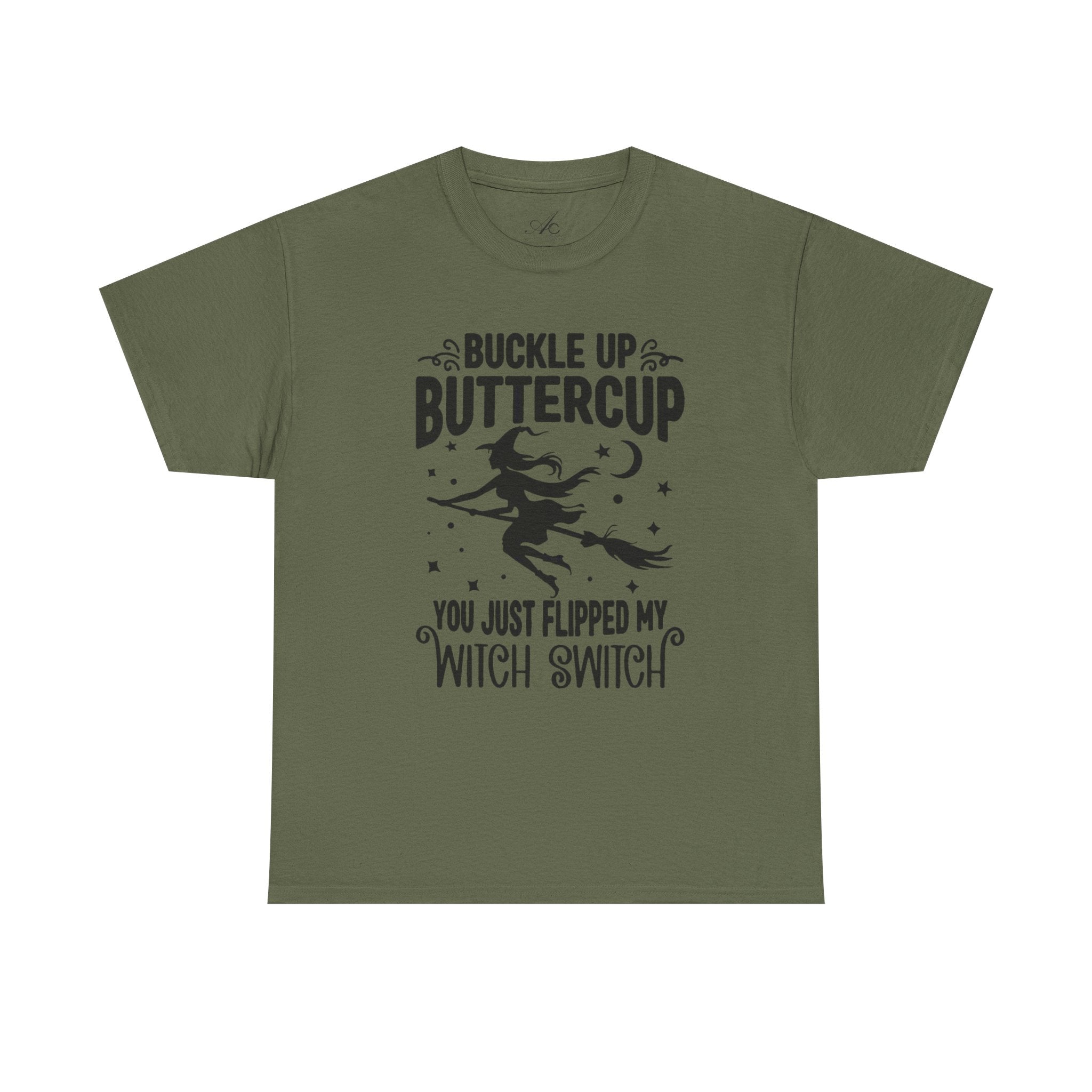 Witchy Humor Tee - Buckle Up Buttercup, Unisex Heavy Cotton Tee, Halloween Shirt, Casual Wear, Gift for Her, Funny T-Shirt - Metamorphosis Creations