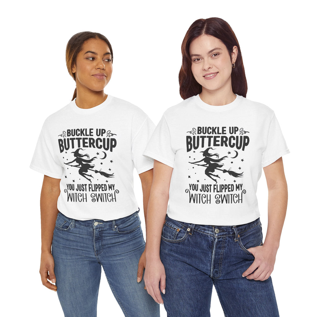 Witchy Humor Tee - Buckle Up Buttercup, Unisex Heavy Cotton Tee, Halloween Shirt, Casual Wear, Gift for Her, Funny T-Shirt - Metamorphosis Creations