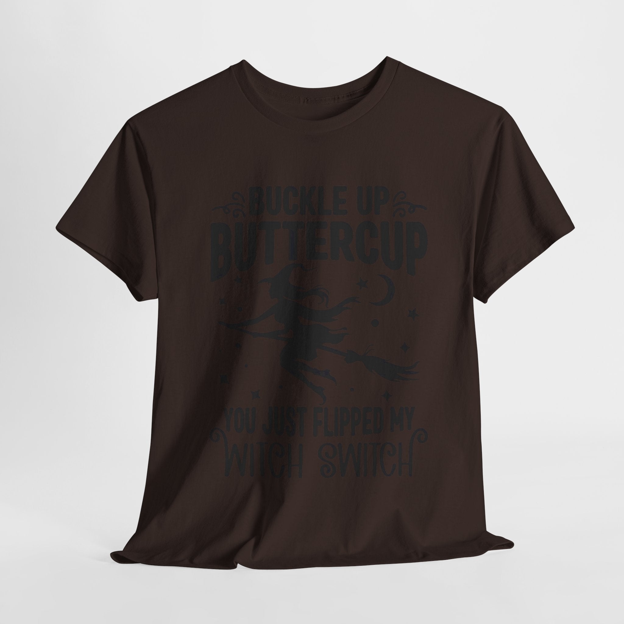 Witchy Humor Tee - Buckle Up Buttercup, Unisex Heavy Cotton Tee, Halloween Shirt, Casual Wear, Gift for Her, Funny T-Shirt - Metamorphosis Creations