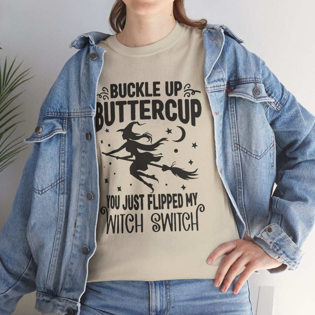 Witchy Humor Tee - Buckle Up Buttercup, Unisex Heavy Cotton Tee, Halloween Shirt, Casual Wear, Gift for Her, Funny T-Shirt - Metamorphosis Creations