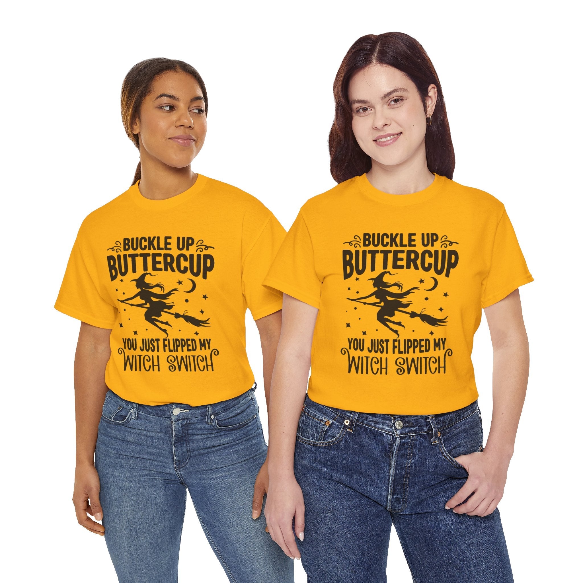 Witchy Humor Tee - Buckle Up Buttercup, Unisex Heavy Cotton Tee, Halloween Shirt, Casual Wear, Gift for Her, Funny T-Shirt - Metamorphosis Creations