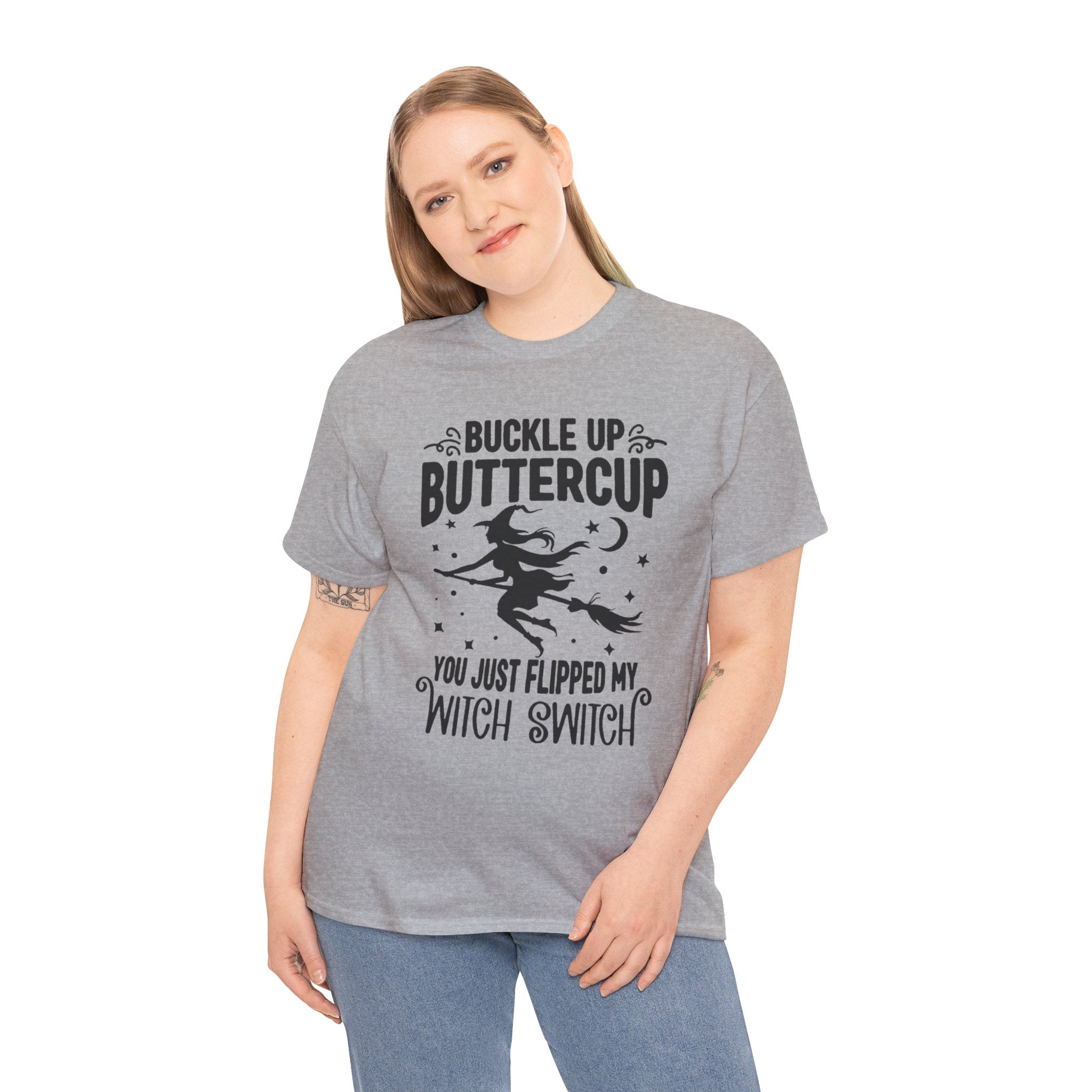 Witchy Humor Tee - Buckle Up Buttercup, Unisex Heavy Cotton Tee, Halloween Shirt, Casual Wear, Gift for Her, Funny T-Shirt - Metamorphosis Creations