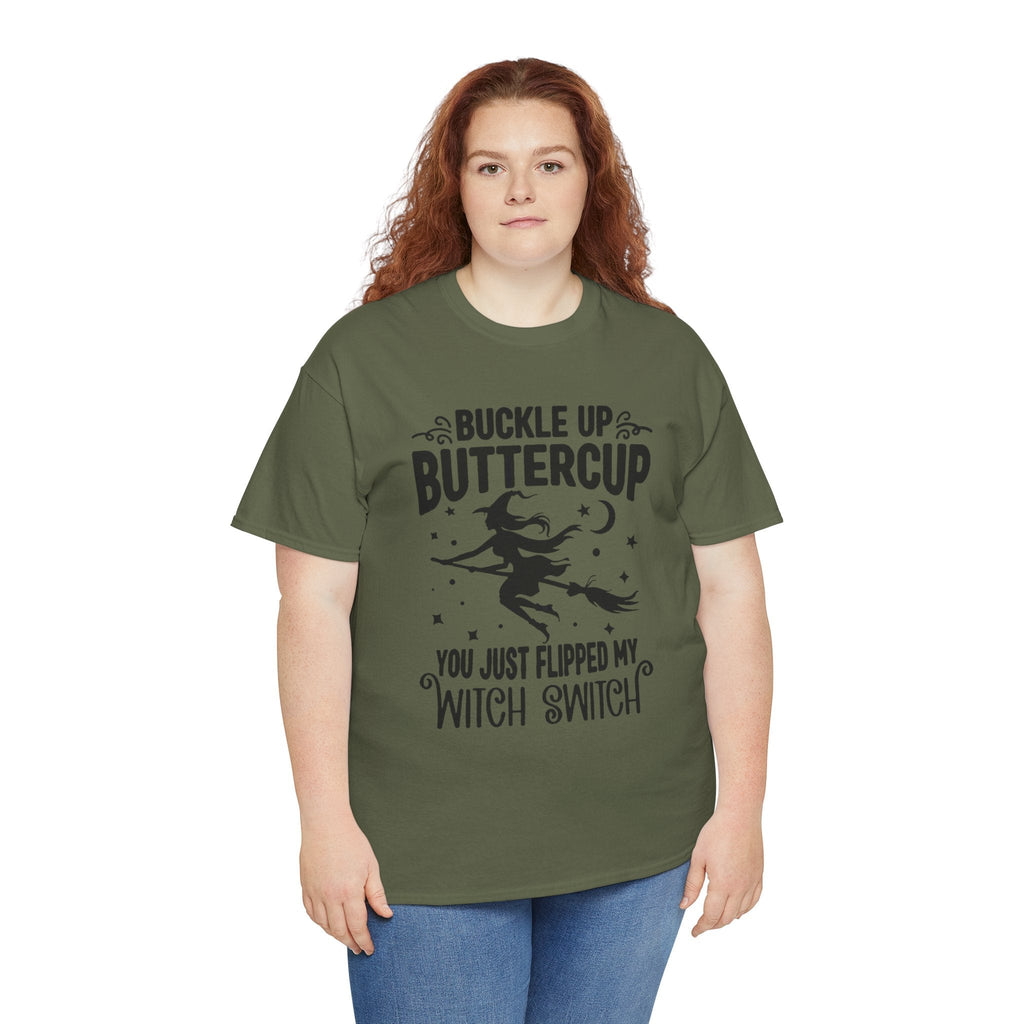 Witchy Humor Tee - Buckle Up Buttercup, Unisex Heavy Cotton Tee, Halloween Shirt, Casual Wear, Gift for Her, Funny T-Shirt - Metamorphosis Creations