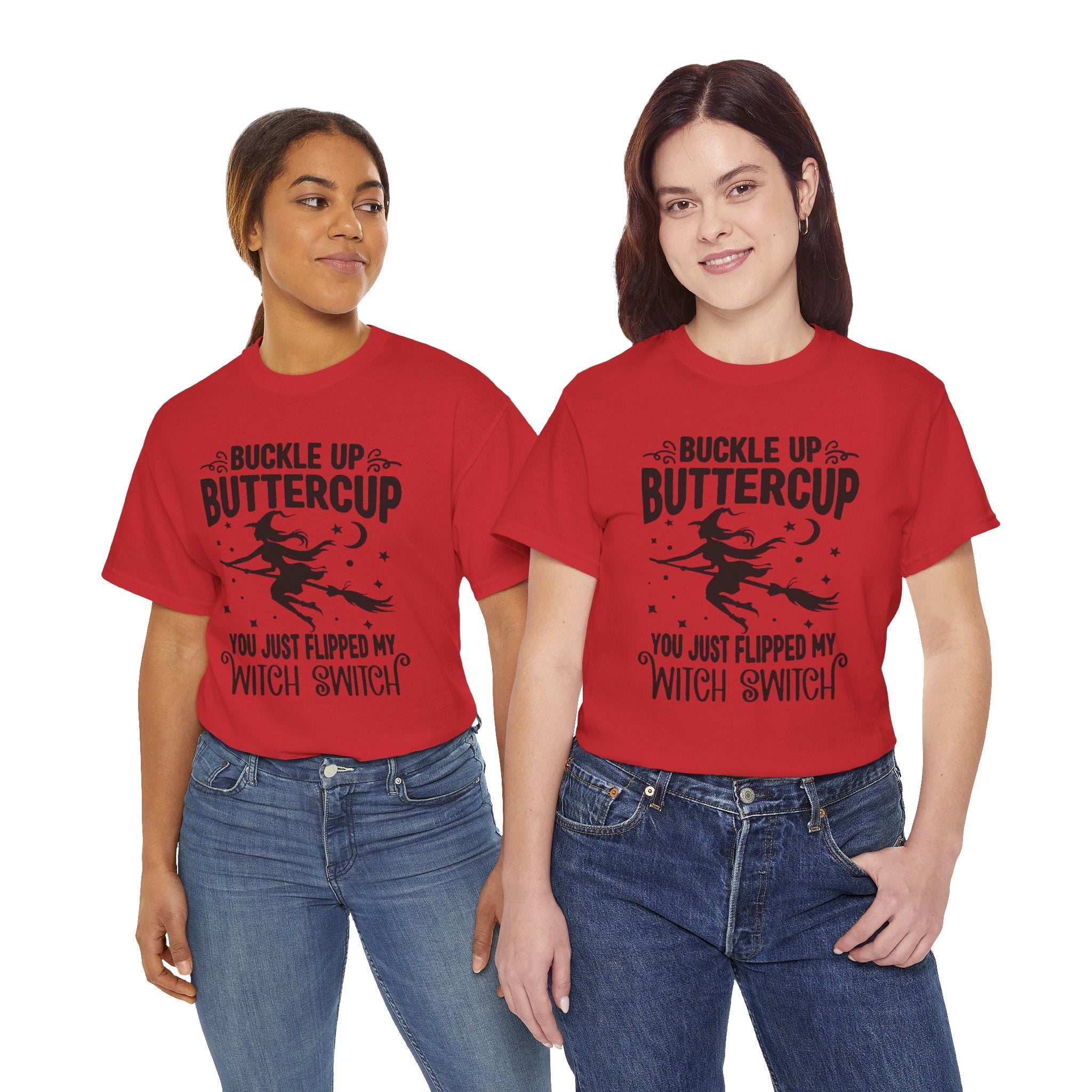 Witchy Humor Tee - Buckle Up Buttercup, Unisex Heavy Cotton Tee, Halloween Shirt, Casual Wear, Gift for Her, Funny T-Shirt - Metamorphosis Creations