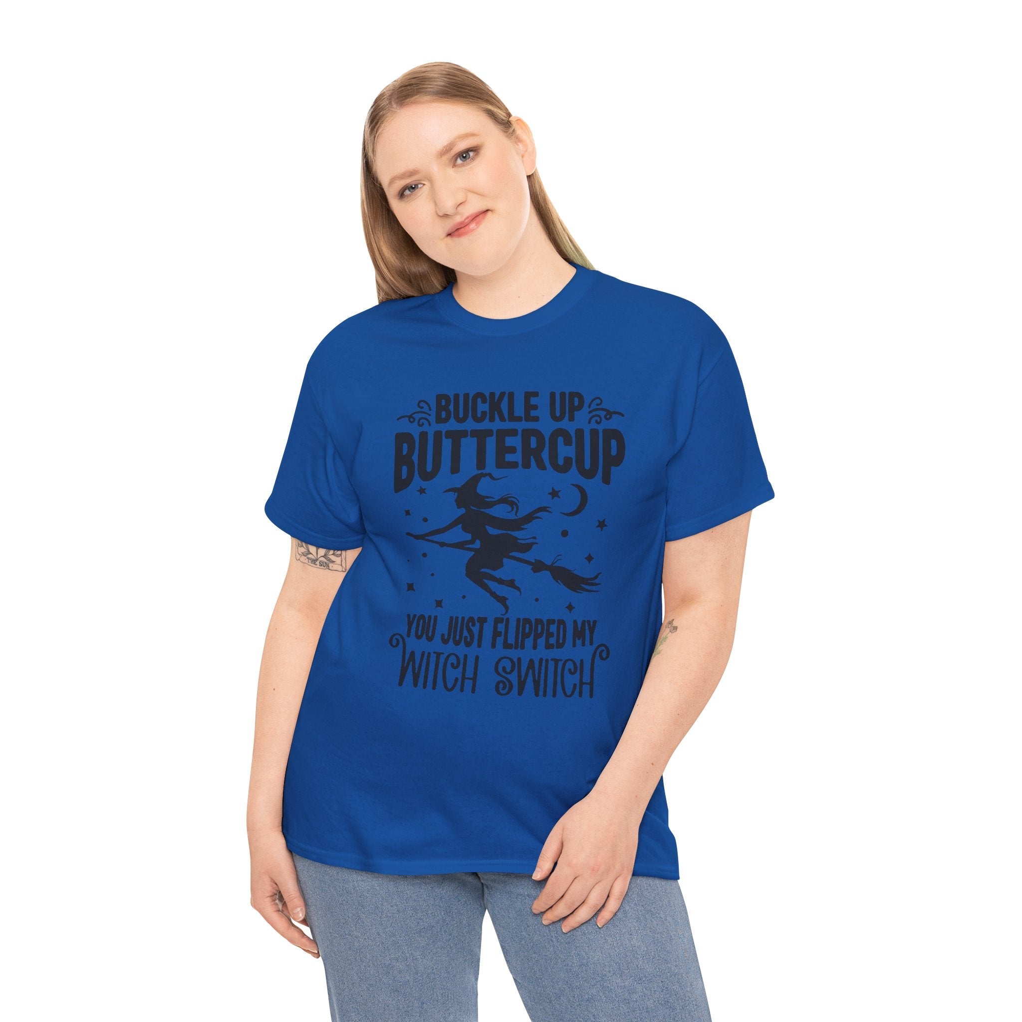 Witchy Humor Tee - Buckle Up Buttercup, Unisex Heavy Cotton Tee, Halloween Shirt, Casual Wear, Gift for Her, Funny T-Shirt - Metamorphosis Creations